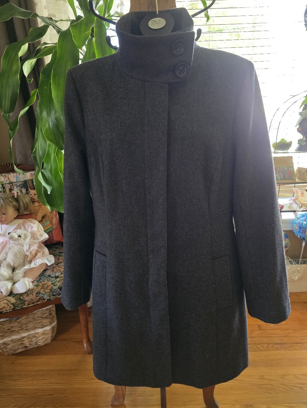 Vtg Women's Quiet Luxury Charcoal Wool-Blend Funnel Collar Coat 🇨🇦